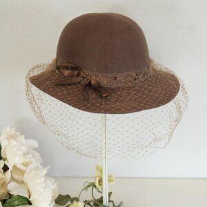 Vintage 1950s 1960s Hat With Veil, Brown Wool Felt Wide Brimmed Hat with Ribbon